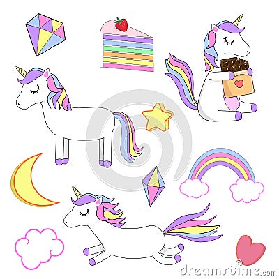 Colorful, vector set with unicorns. White background. Cartoon Illustration